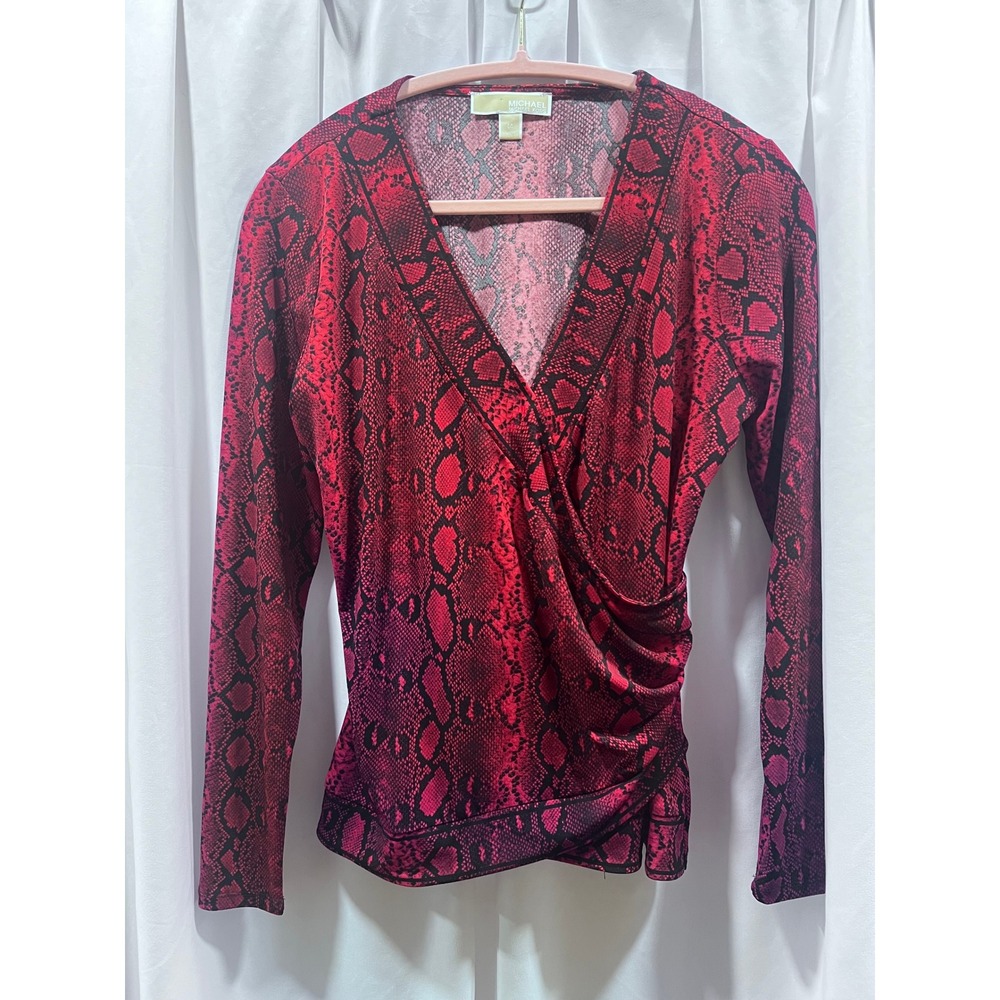 Michael Kors Womens Red Snakeskin Print Faux Wrap Long Sleeve Top Side Ruched M